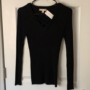 NWT - Black Ribbed Pullover w/ Criss Cross Neck